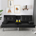 Black Faux Leather Convertible Futon Sofa Bed with Cup Holders O350