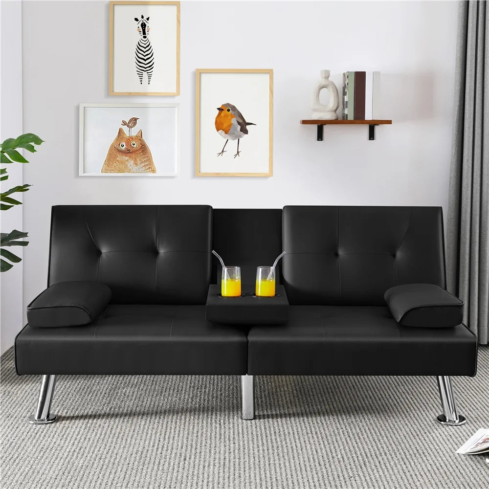 Black Faux Leather Convertible Futon Sofa Bed with Cup Holders O350