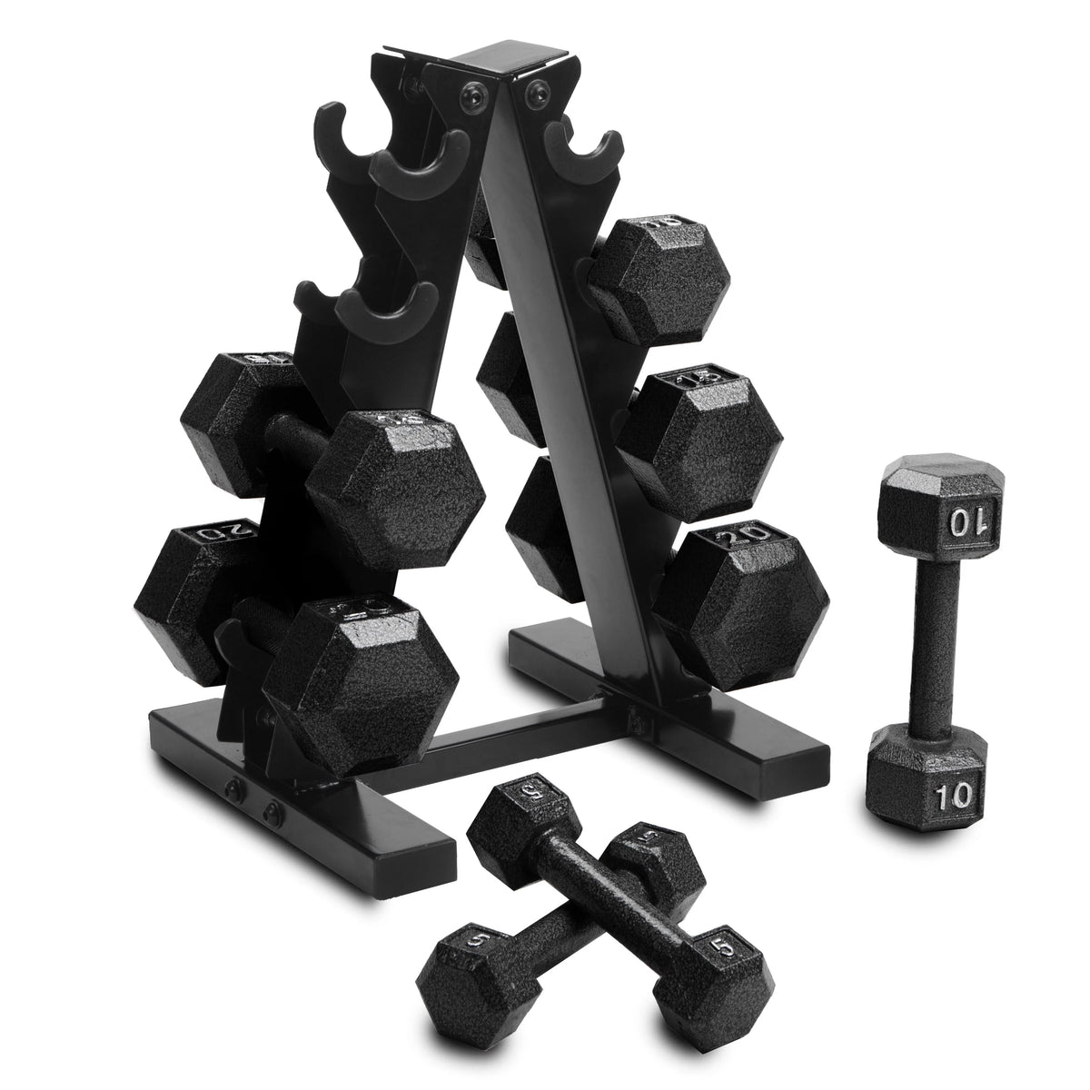 100 lb Cast Iron Hex Dumbbell Weight Set with Rack N3427