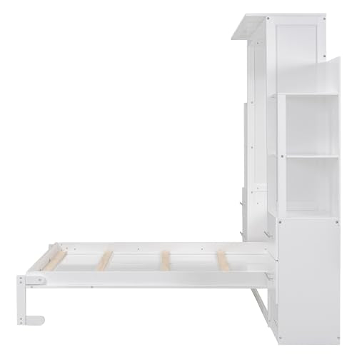 White Full Size Wood Murphy Bed with Shelves and LED Lights K837884