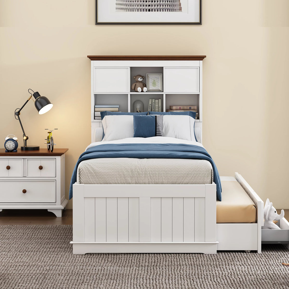 Solid Pine Captain Bed with Trundle and Bookcase Wood Platform Bed Frame with 3 Under Bed Drawers, Twin, White+Walnut B1433
