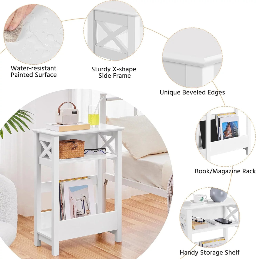 White 3-Tier Narrow Side Table with Magazine Holder Y130440