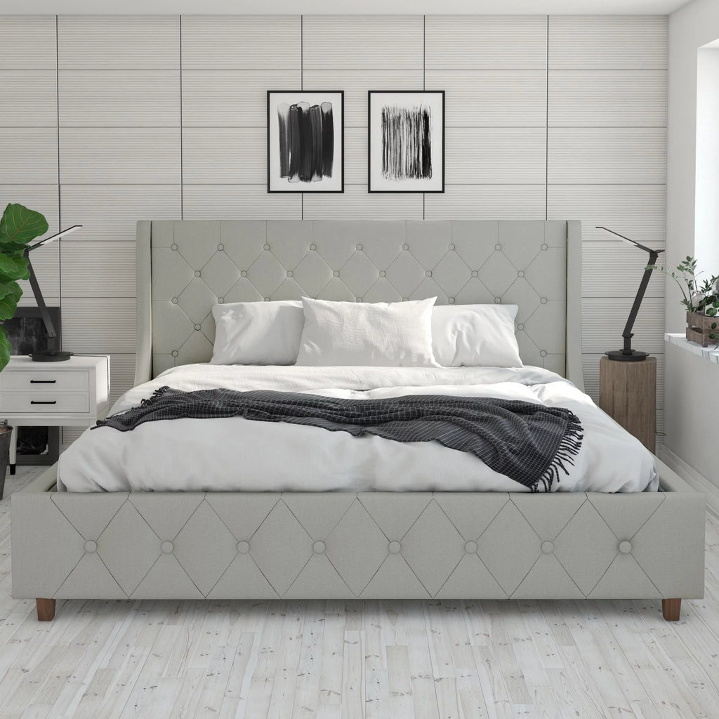 King Light Gray Linen Upholstered Bed T44210
