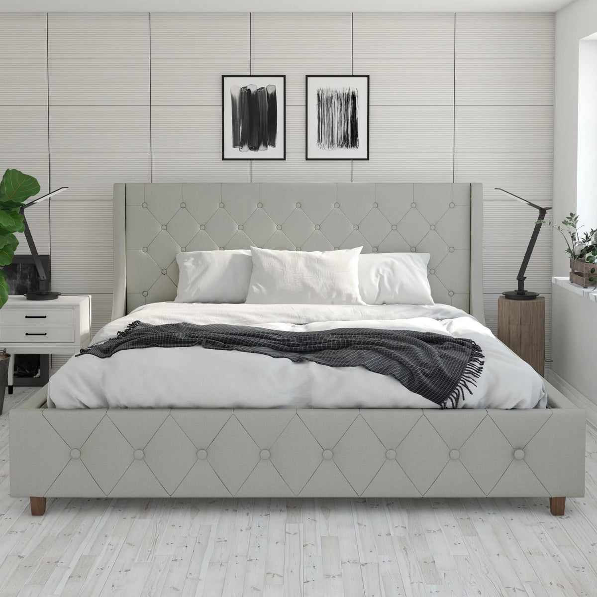 King Light Gray Linen Upholstered Bed T44210