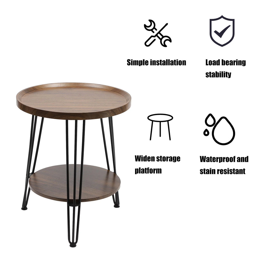 2-Tier Round Sofa End Side Table Nightstand Brown N4327