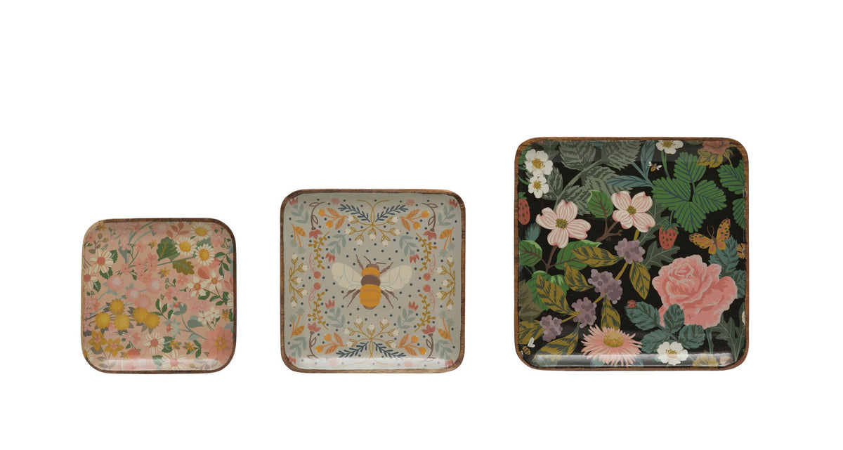 Square Enameled Acacia Wood Trays, Set of 3 Sizes Y433670