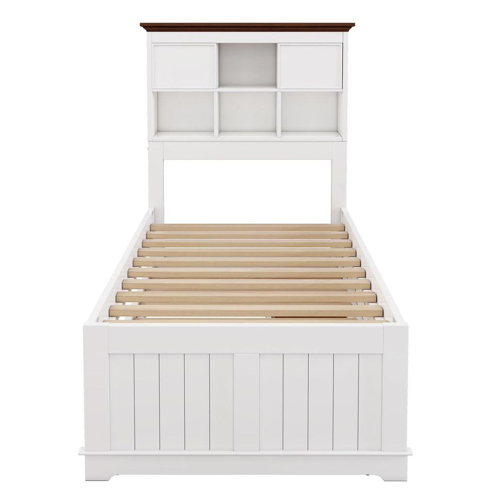 Solid Pine Captain Bed with Trundle and Bookcase Wood Platform Bed Frame with 3 Under Bed Drawers, Twin, White+Walnut B1433