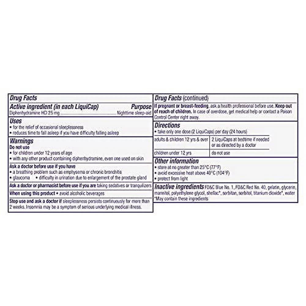 Nighttime Sleep Aid LiquiCaps 25 mg Diphenhydramine HCl 72 LiquiCaps Y162072