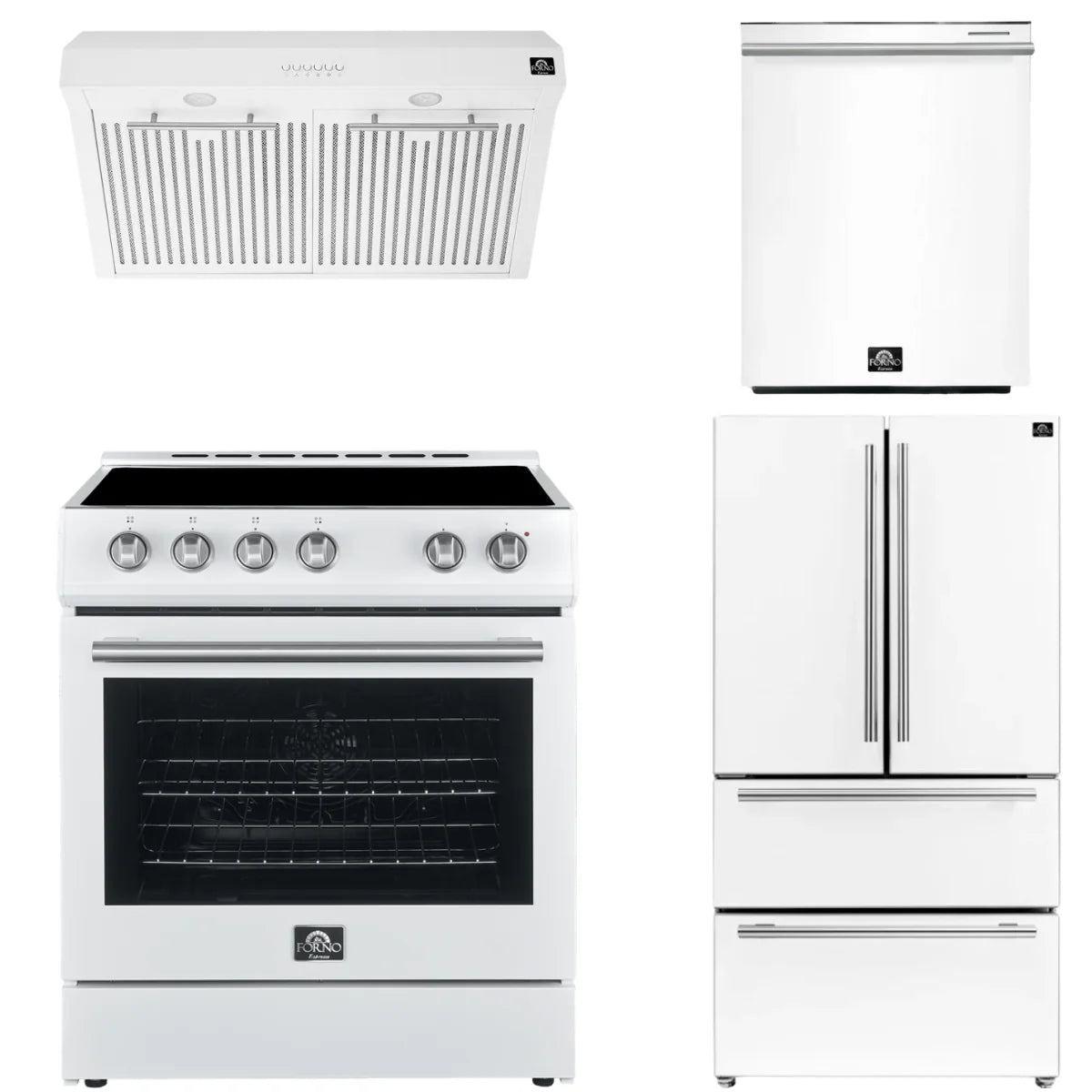 30 Electric Range, Range Hood, Refrigerator and Dishwasher in White L954