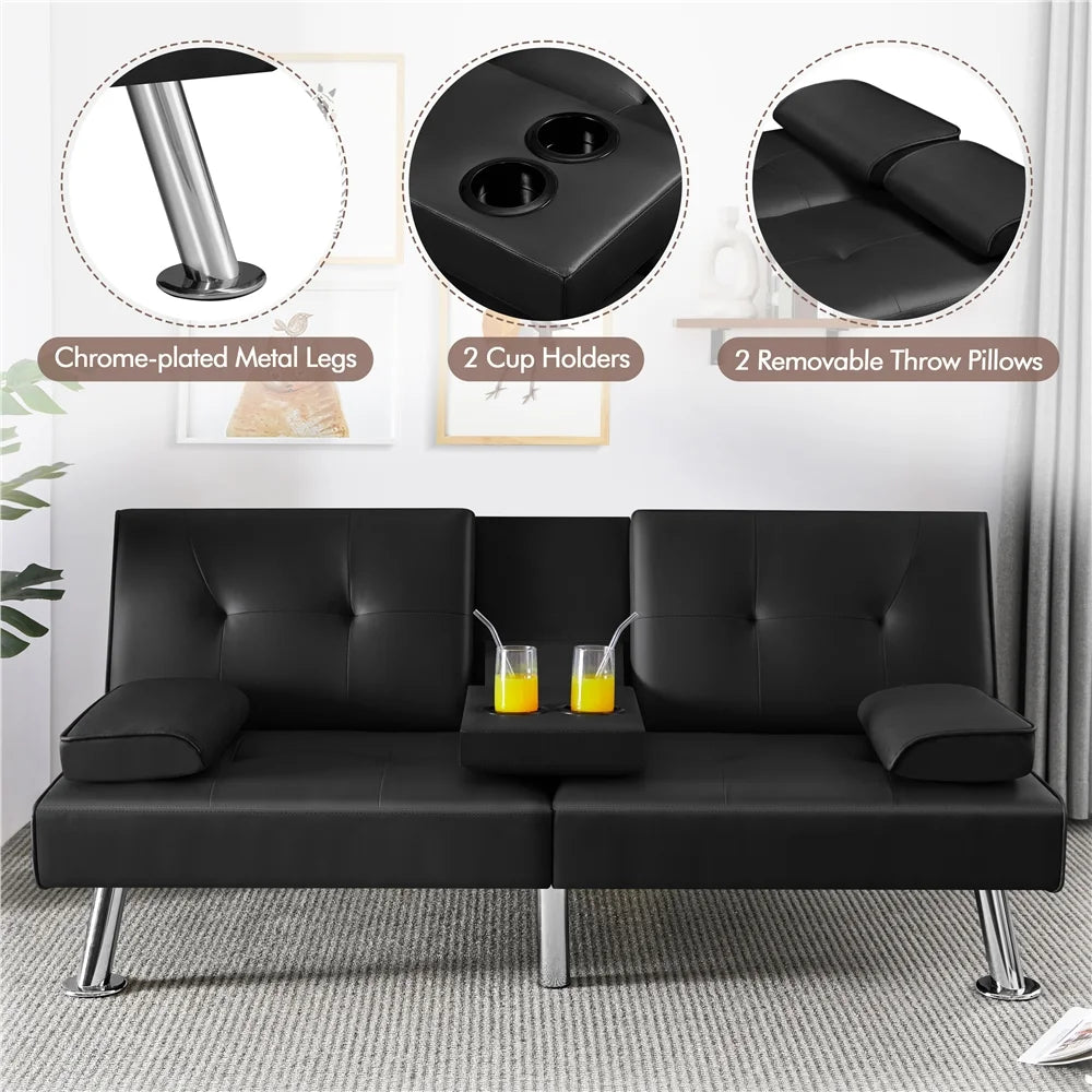 Black Faux Leather Convertible Futon Sofa Bed with Cup Holders O350