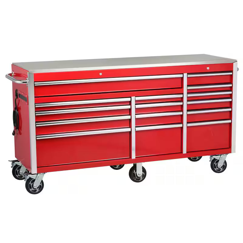 Heavy Duty 15-Drawer Mobile Workbench Cabinet with Stainless Steel Top in Gloss Red S86698