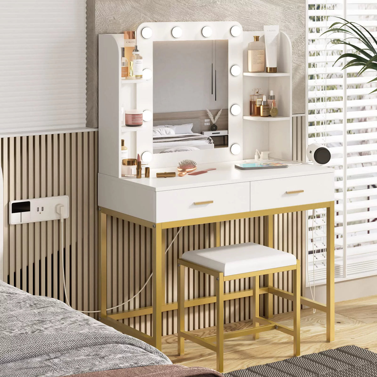 White Makeup Vanity with Lighted Mirror & Power Strip B243