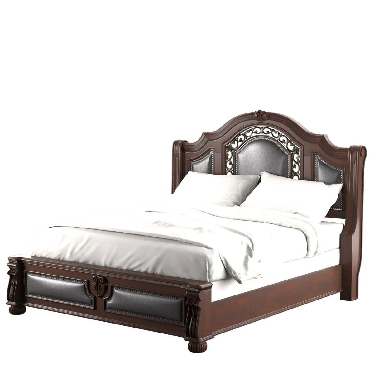 Solid Wood Panel King Bed with Faux Leather Q68455