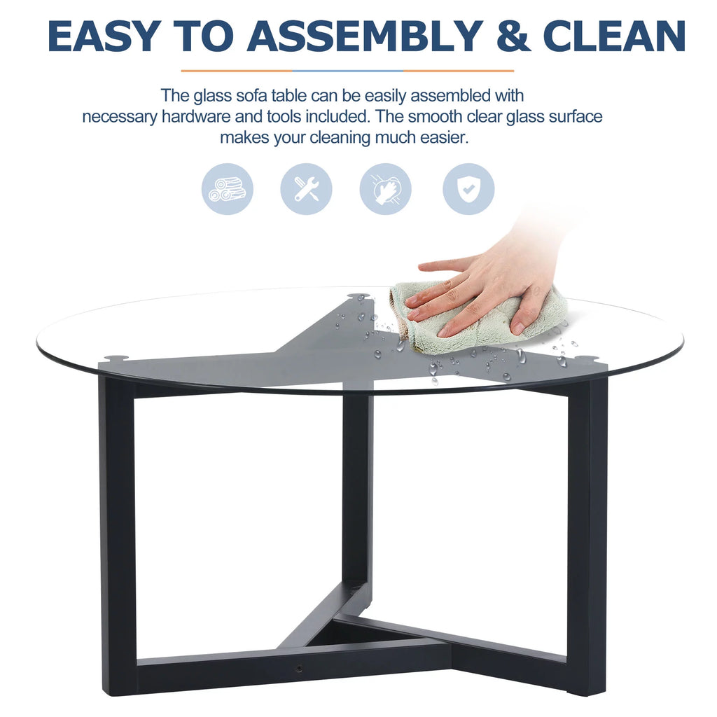 Round Glass Coffee Table with Tempered Glass Top & Wood Base A2911