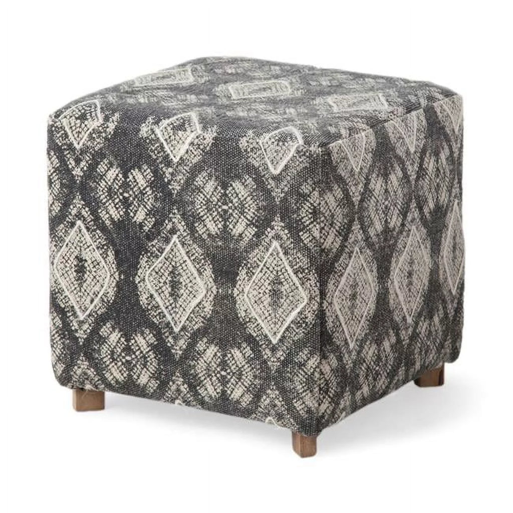 Patterned Fabric Covered Ottoman with Wooden Legs T3696