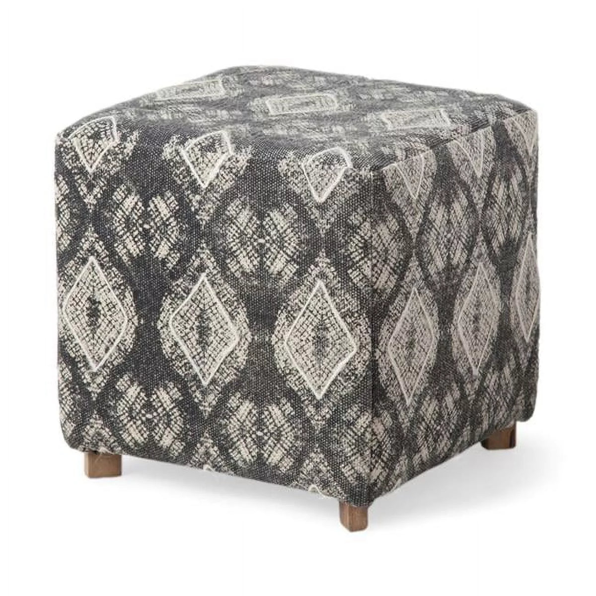Patterned Fabric Covered Ottoman with Wooden Legs T3696