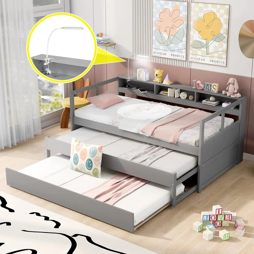 Grey Solid Wood Daybed with 2 Trundles and 3 Storage Cubbies Z844844