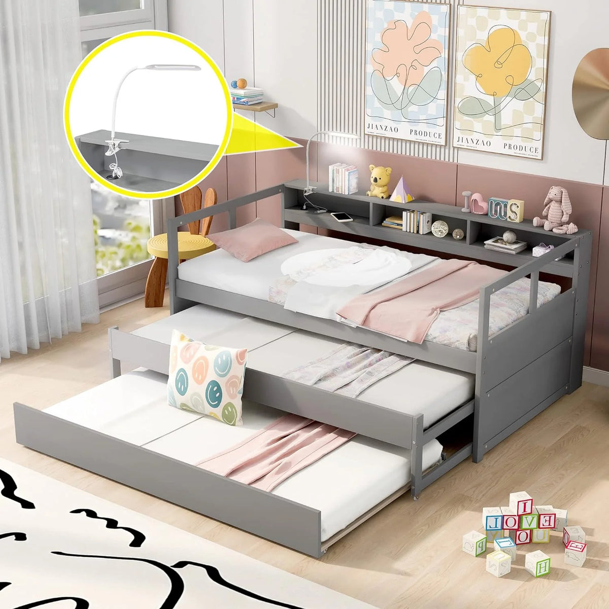 Grey Solid Wood Daybed with 2 Trundles and 3 Storage Cubbies Z844844