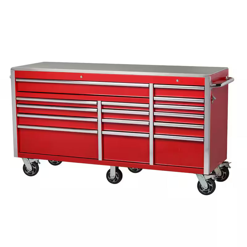 Heavy Duty 15-Drawer Mobile Workbench Cabinet with Stainless Steel Top in Gloss Red S86698
