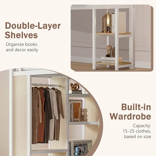 Queen Heavy Duty Metal Loft Bed with L-Shaped Desk, Wardrobe & 5 Storage Shelves Y577