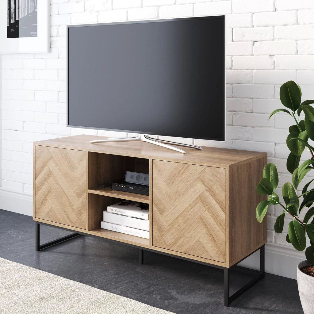 Gray Black Herringbone Pattern Wood Metal Media Console Cabinet H868