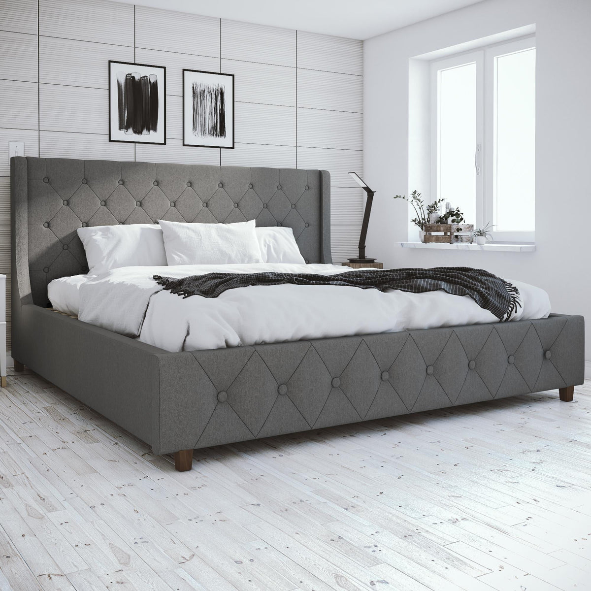 King Light Gray Linen Upholstered Bed T44210