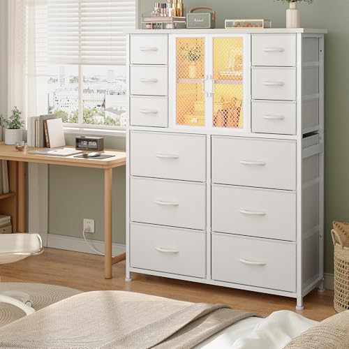 Black 12 Fabric Drawer Tall Dresser with Charging Station W28136