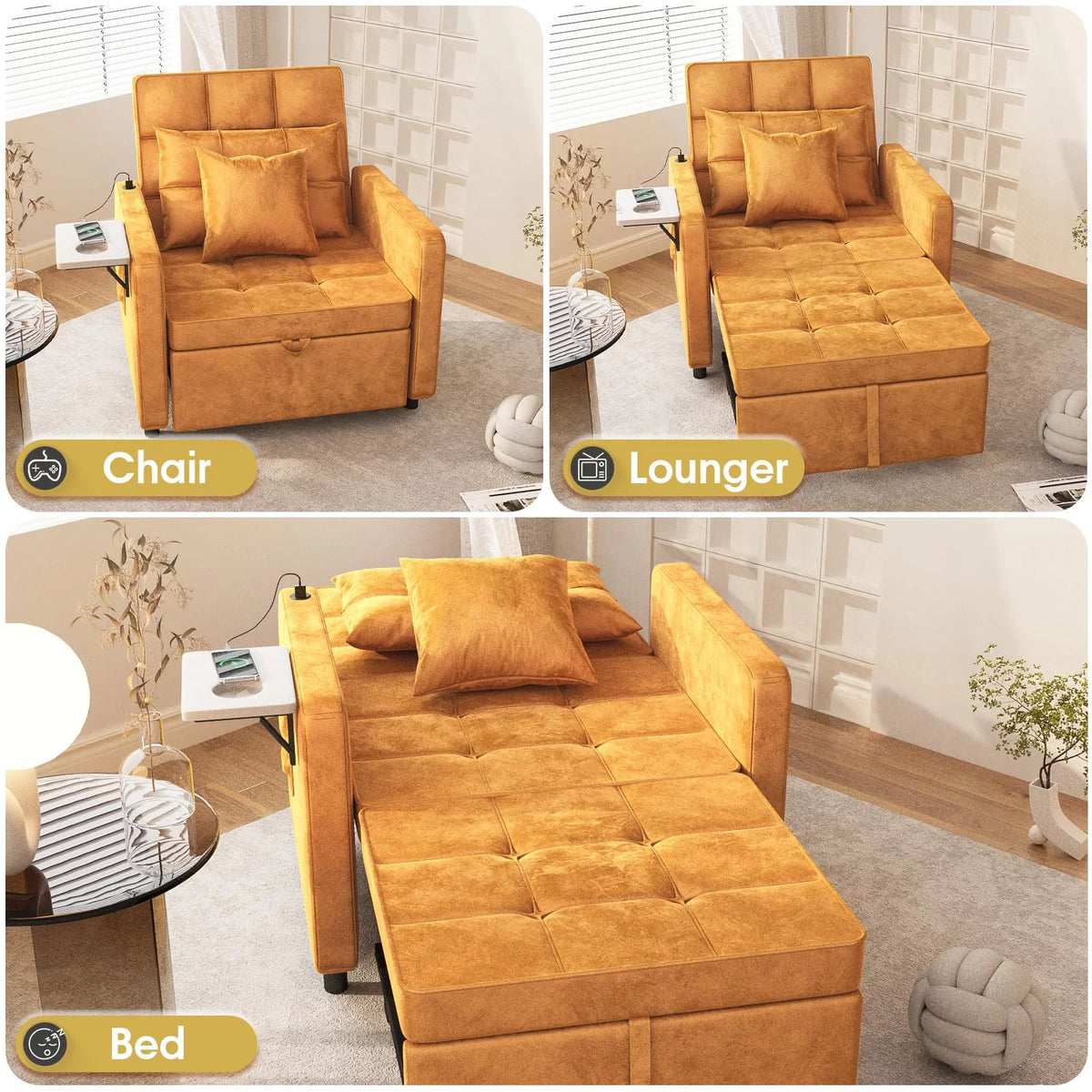 Velvet 3-in-1 Sofa Bed Chair with Wing Table and USB Ports Q540