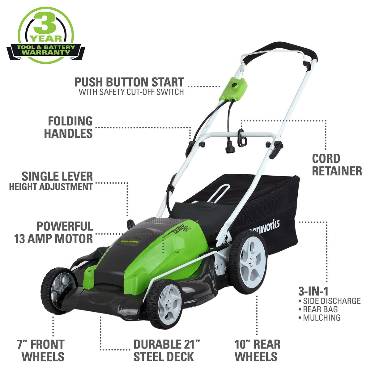 21 Amp Corded Electric Walk-Behind Push Lawn Mower N112
