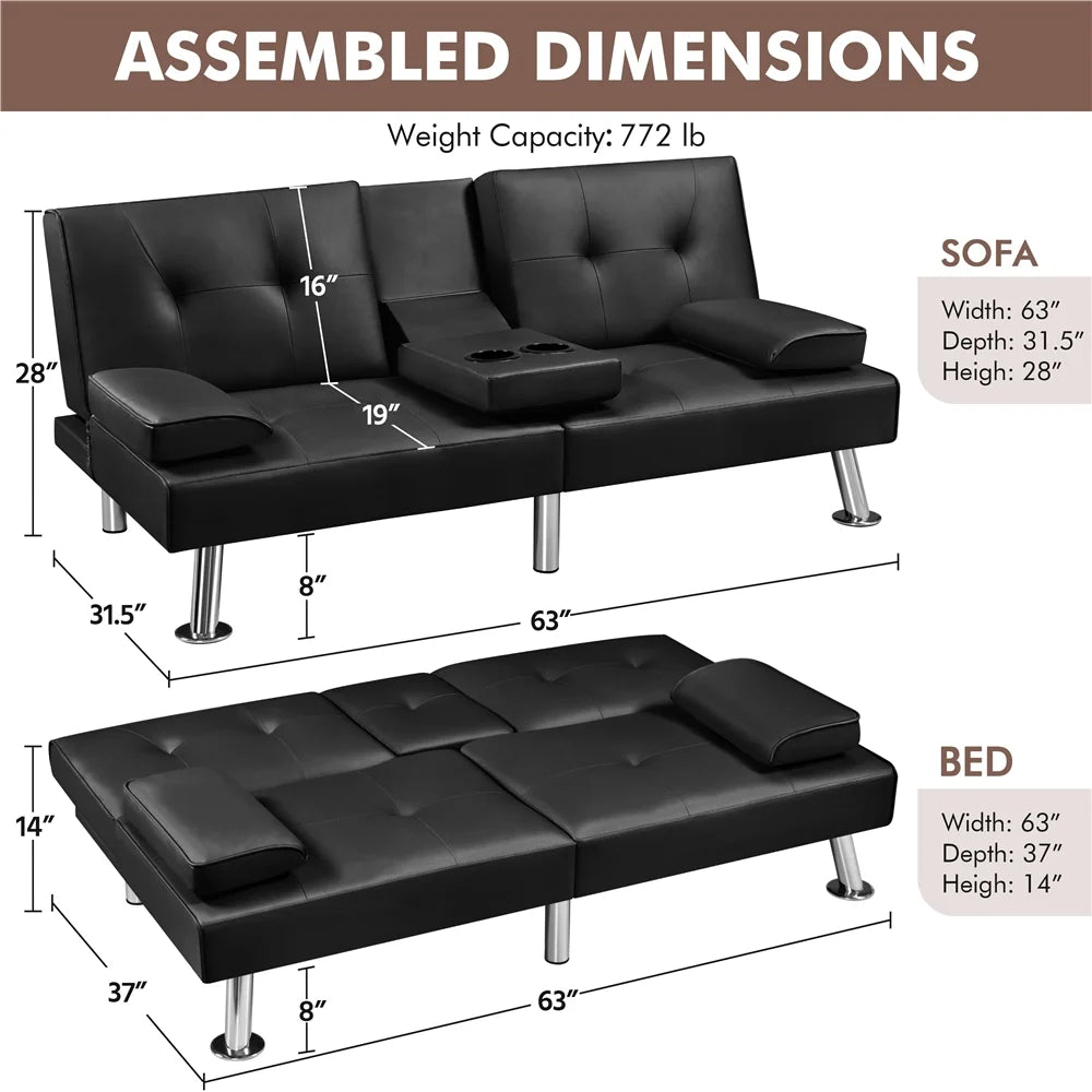Black Faux Leather Convertible Futon Sofa Bed with Cup Holders O350
