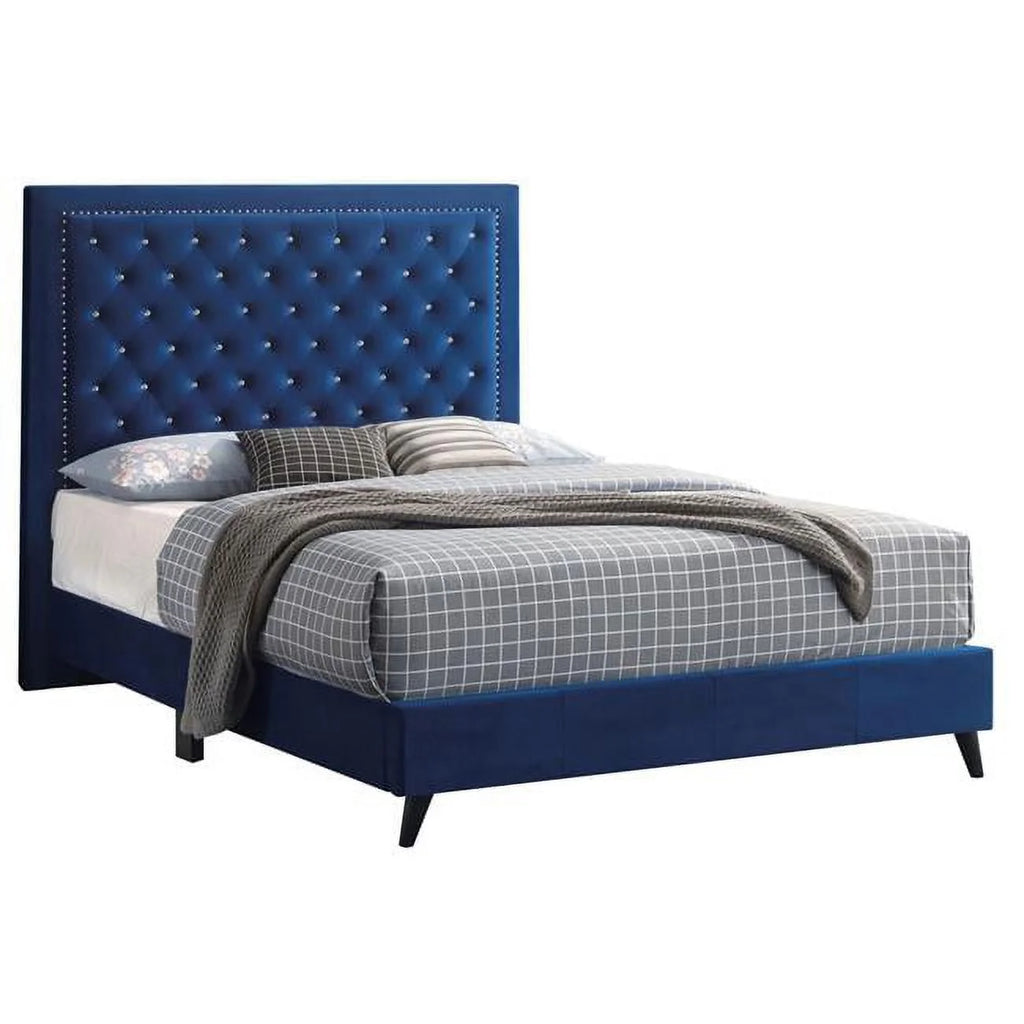 Navy Blue King Size Upholstered Panel Bed U9711