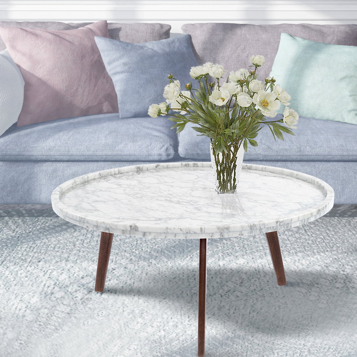White and Brown Round Marble Coffee Table U440849
