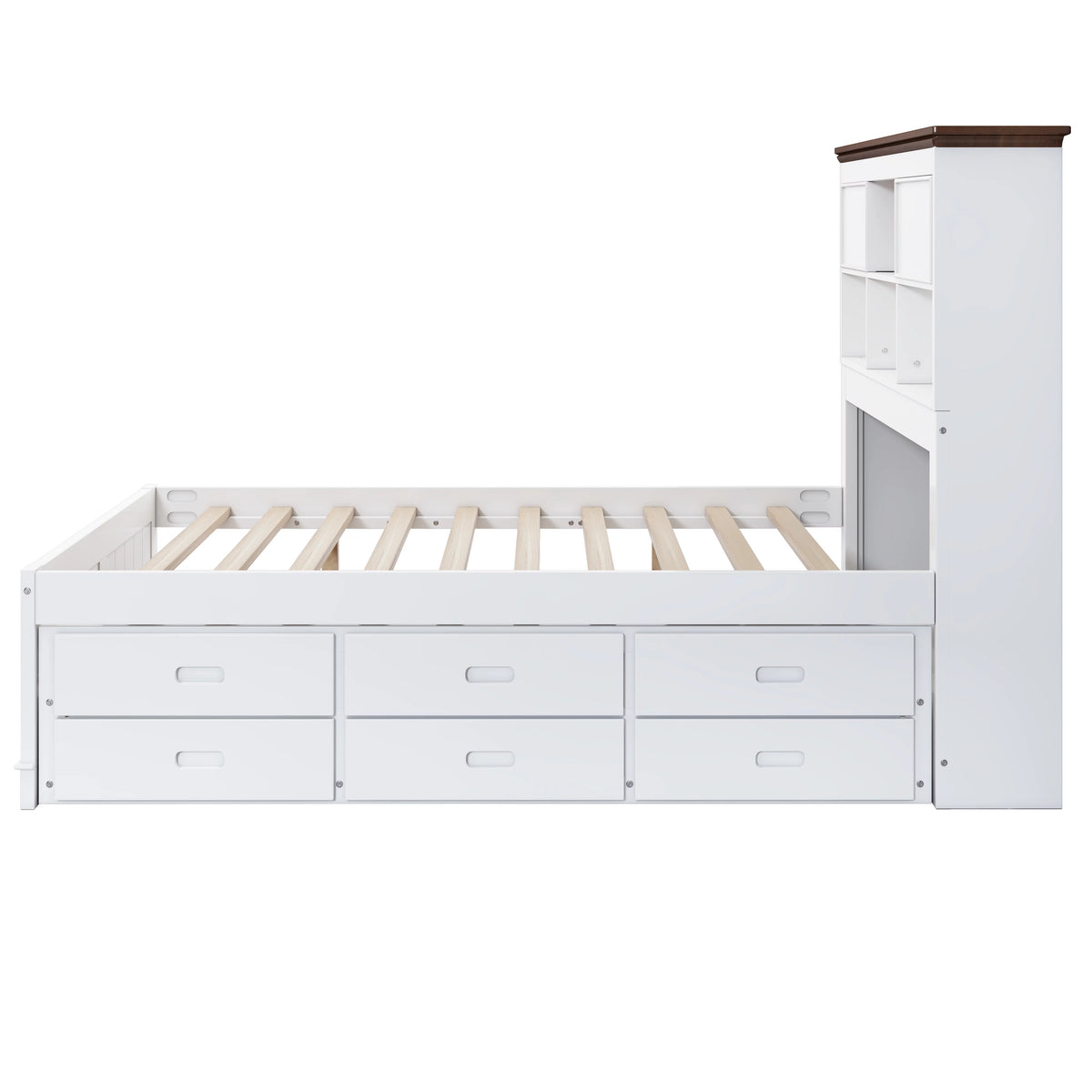 Solid Pine Captain Bed with Trundle and Bookcase Wood Platform Bed Frame with 3 Under Bed Drawers, Twin, White+Walnut B1433