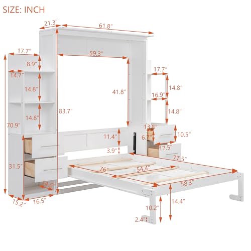 White Full Size Wood Murphy Bed with Shelves and LED Lights K837884