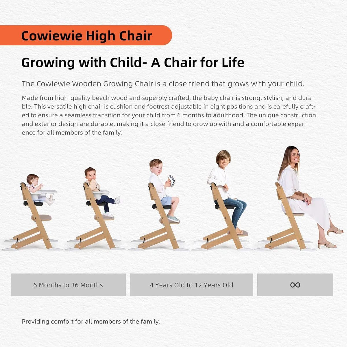 Wooden High Chair with Plastic Tray, 8 Height Adjustments D8498