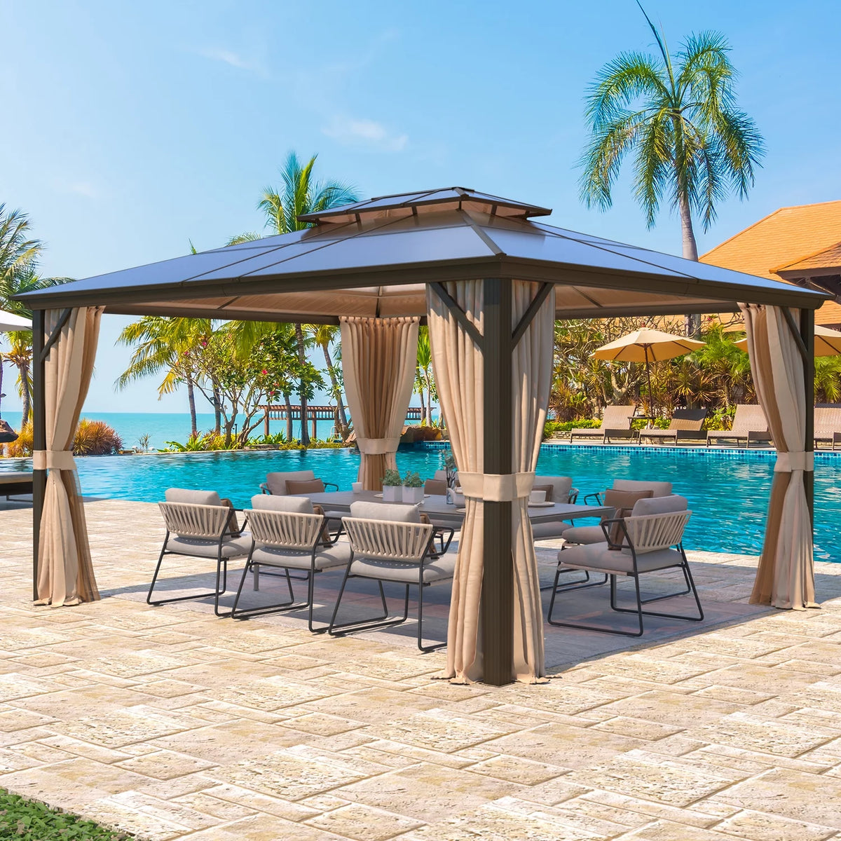 12'x16' Brown Polycarbonate Double Roof Hardtop Gazebo Canopy U13288