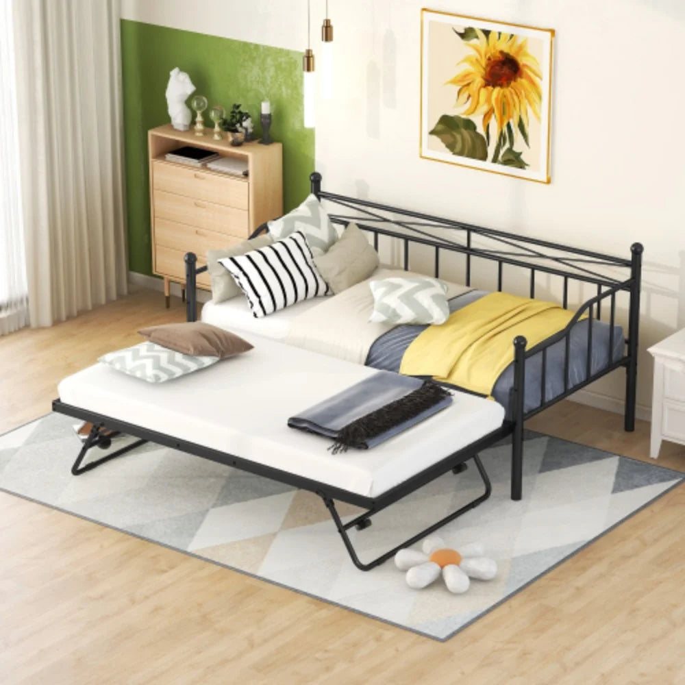 Twin Size Black White Metal Daybed with Adjustable Trundle I401