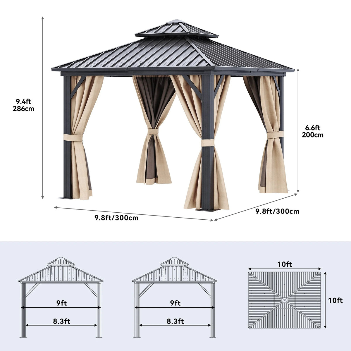 Aluminum Hardtop Gazebo 9.8*9.8 FT Black C162437