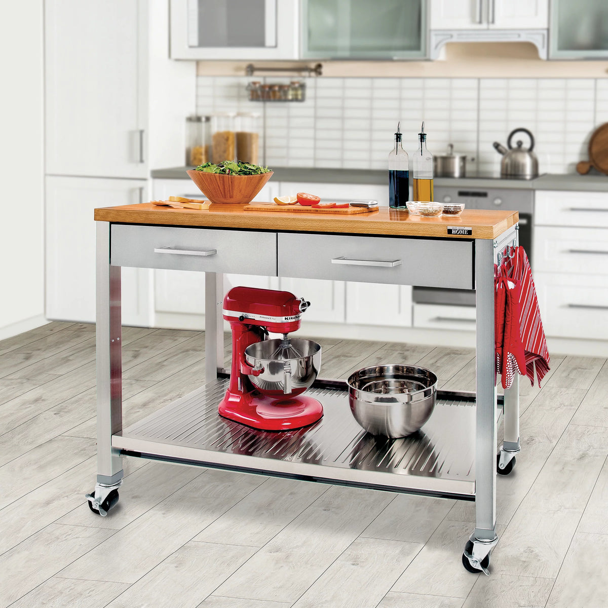 Stainless Steel Kitchen Island with Solid Wood Top Y770