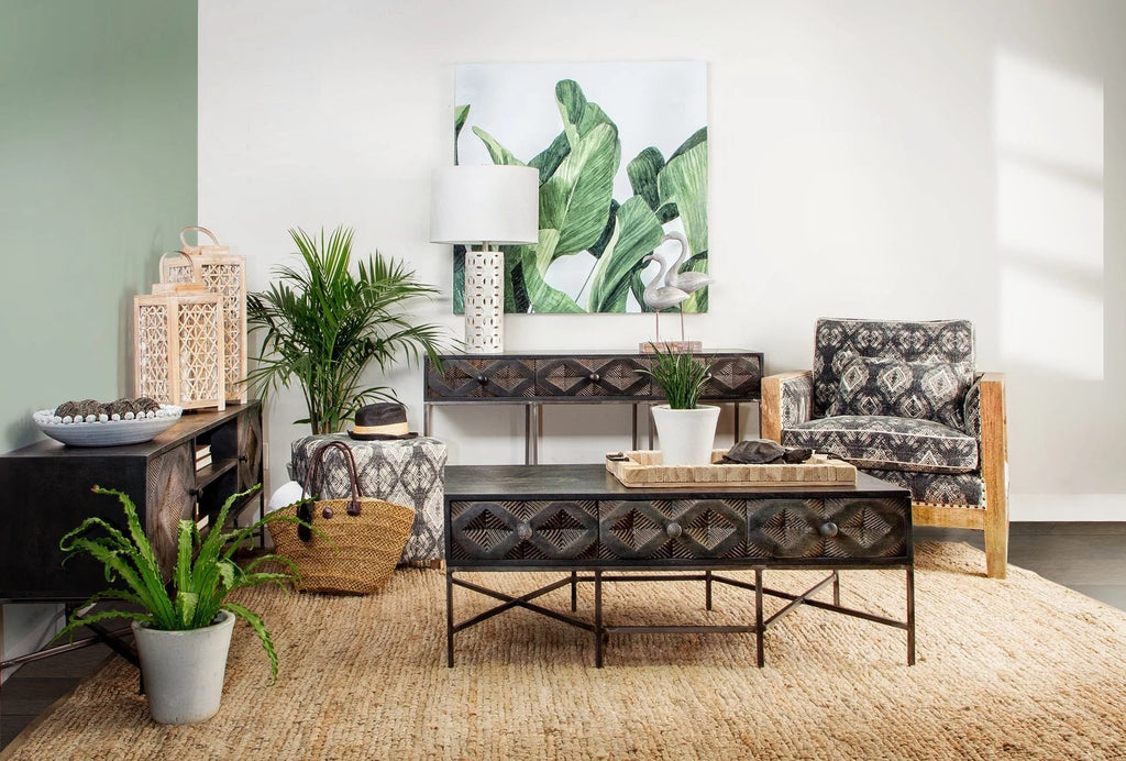 Patterned Fabric Covered Ottoman with Wooden Legs T3696