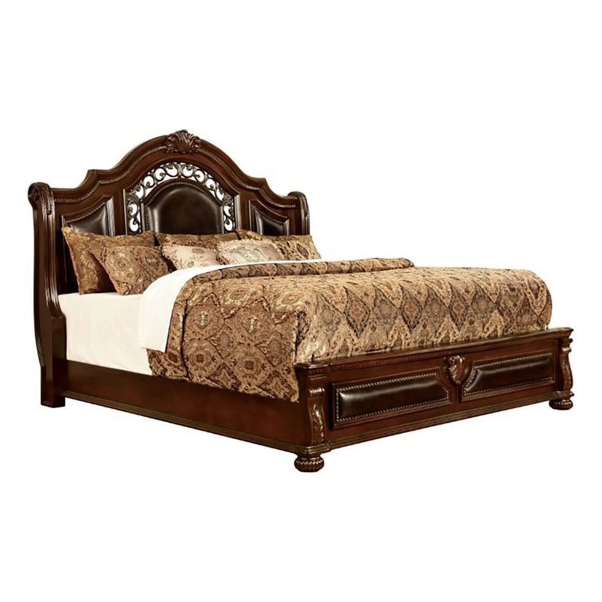 Solid Wood Panel King Bed with Faux Leather Q68455