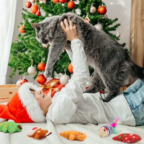 12Pcs Christmas Cat Toys Set with Catnip Plush Mice Feather Cat Wand T85759