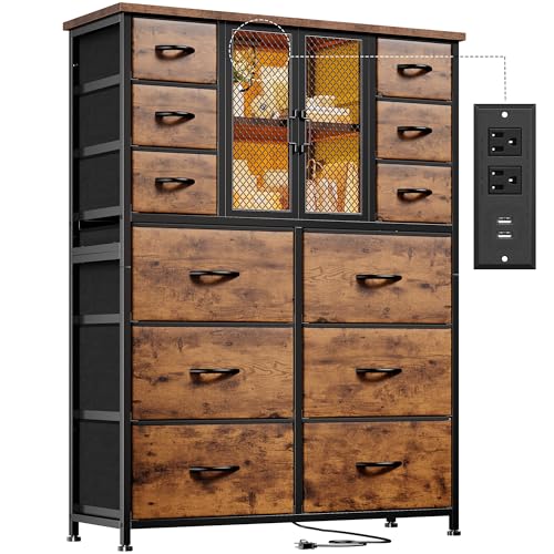 Black 12 Fabric Drawer Tall Dresser with Charging Station W28136
