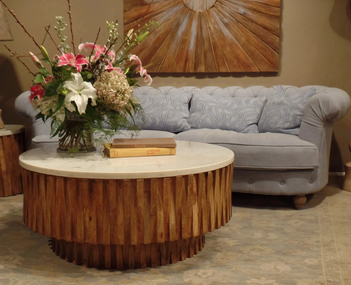 Round Marble Top Wooden Strips Coffee Table M89476