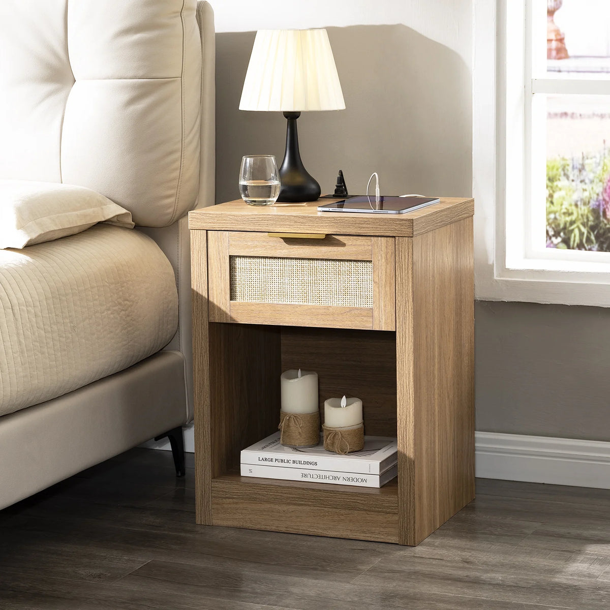 Rattan Nightstands Set of 2 with Charging Station S69810