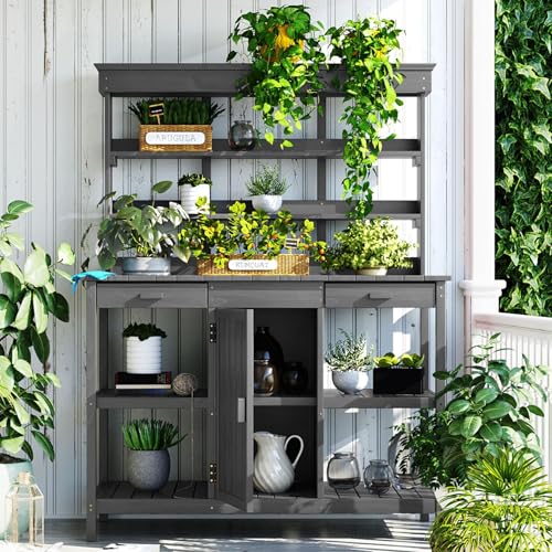 39” Grey Wooden Outdoor Storage Cabinet with 2-Tier Shelves F20058