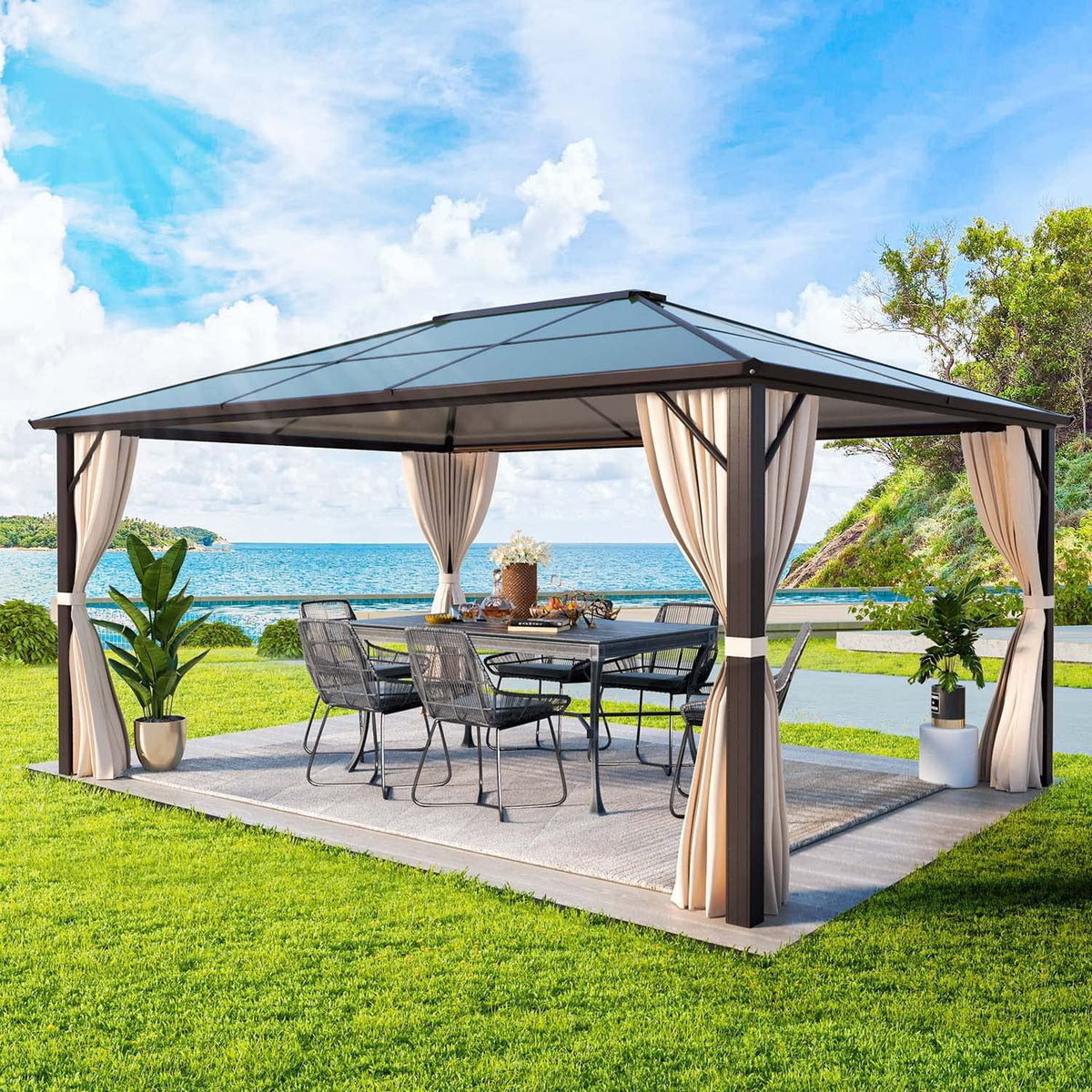 12'x16' Brown Polycarbonate Double Roof Hardtop Gazebo Canopy U13288