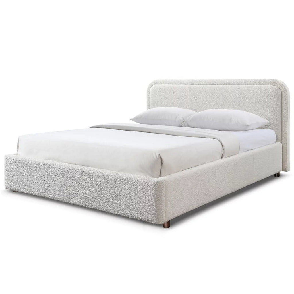 Queen Upholstered Platform Bed in White Boucle Fabric Q572