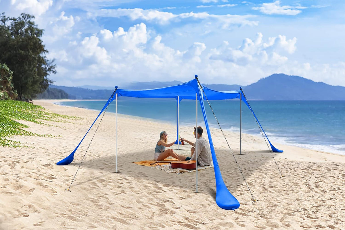 Beach Tent, Pop Up Portable Canopy Set, UPF 50+ Sunshade with Carry Bag, Aluminum Poles, Sands Shovel, and Pegs (10x10 FT Blue) F3671