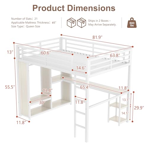 Queen Heavy Duty Metal Loft Bed with L-Shaped Desk, Wardrobe & 5 Storage Shelves Y577